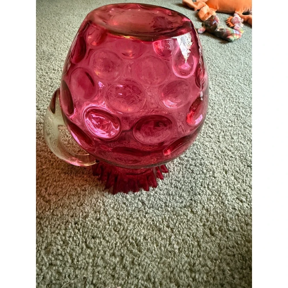 Fenton Cranberry Glass Pitcher Thumbprint Coin Dot Ruffled Rim Clear Handle
